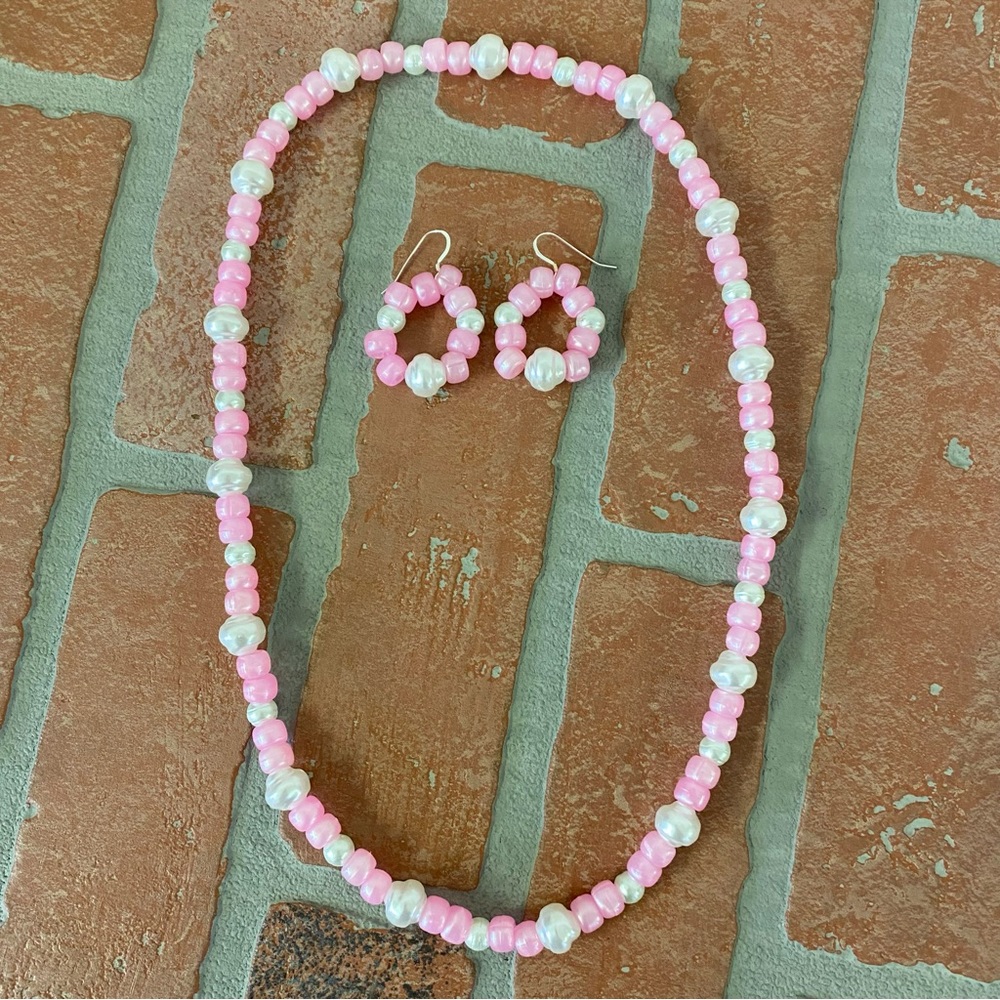 Womens Pink & Faux Pearl Sterling Silver Necklace & Earring. Jewelry Set